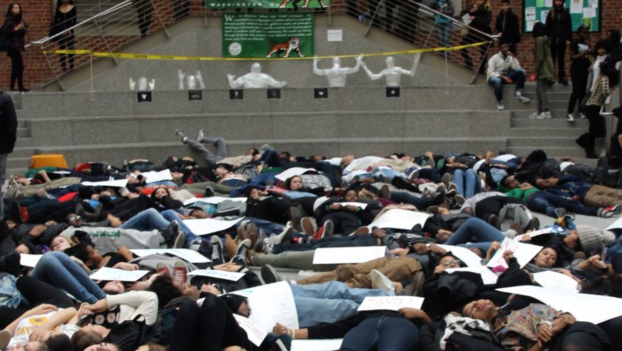 Die-in at Step in the Atrium