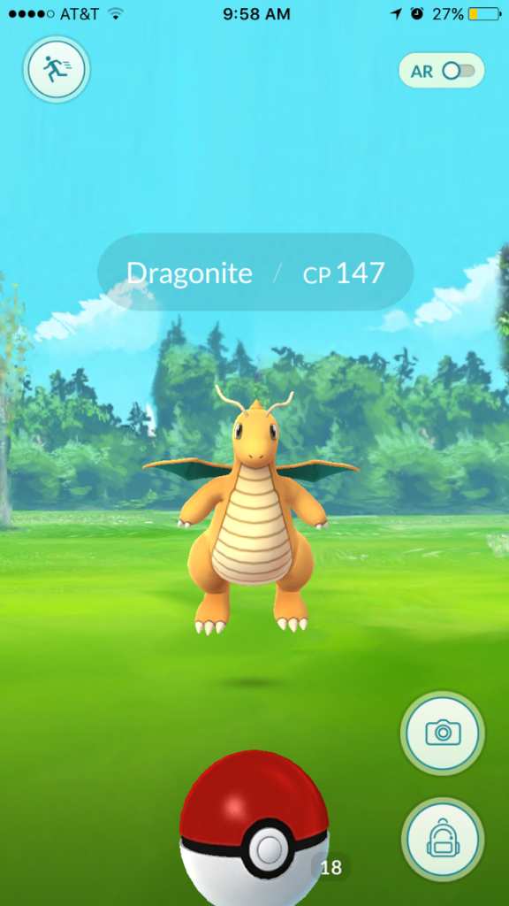 Pokémon Go player Brian Keyes "catches" a Dragonite Pokémon. By locating Pokémon in real-life locations, players can gain power, reach new levels of the game, and battle other playes;