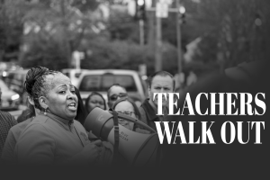 JR union representative and teacher Rebecca Bradshaw-Smith rallies teachers at the March 8 demonstration. The Washington Teachers’ Union is pushing for an updated contract to provide teachers with better working conditions.